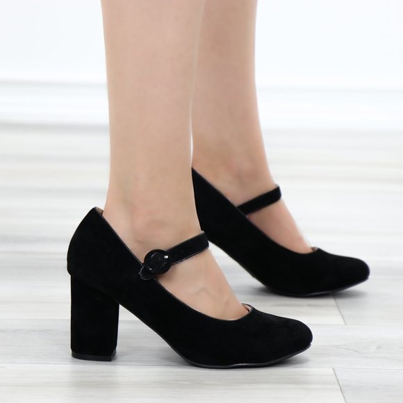Cute Black Faux Suede Chunky Heel Pumps - Picture 6 of 13